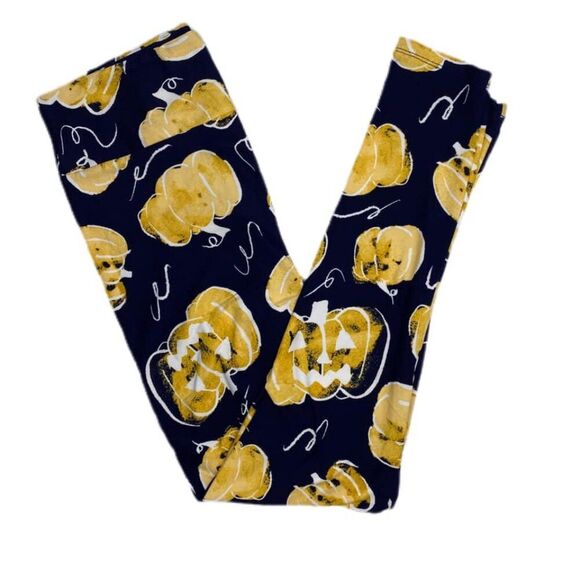 LuLaRoe Halloween Pumpkin Leggings Navy Gold TC2 Plus Size 20-24 - Picture 4 of 4